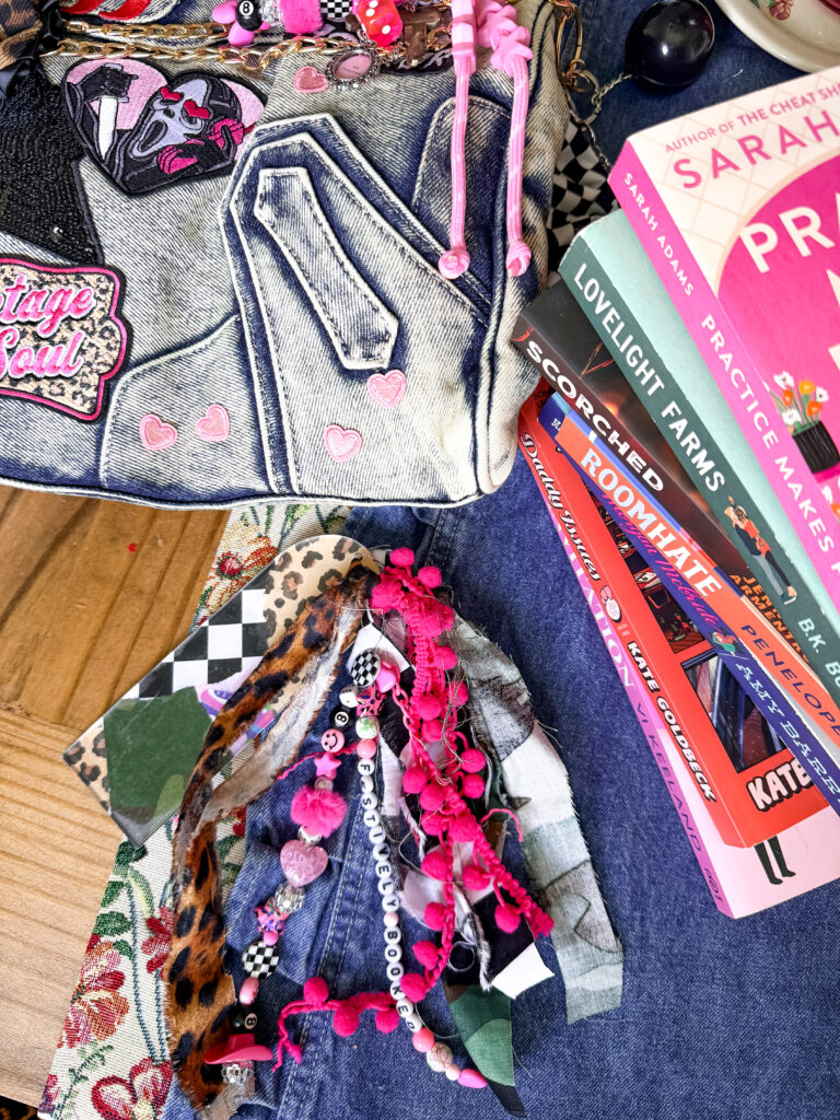 Vintage-inspired denim purse with 'Vintage Soul' and 'Scream' ghostface patches, 90s aesthetic DIY inspiration.