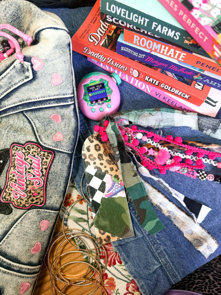 Vintage-inspired denim purse with 'Vintage Soul' and 'Scream' ghostface patches, 90s aesthetic DIY inspiration.