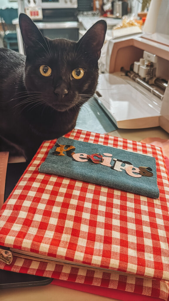 A black cat sitting on a craft table looking at the camera, situated behind a Cricut cutting machine and a denim pocket decorated with fabric letters spelling 'RECIPES'.
