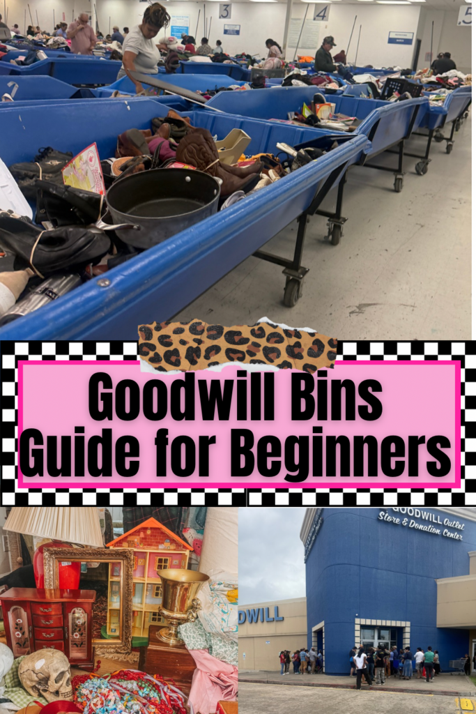 Goodwill bins guide for beginners collage showing outlet bins, thrifted home decor finds, and shoppers waiting outside the store
